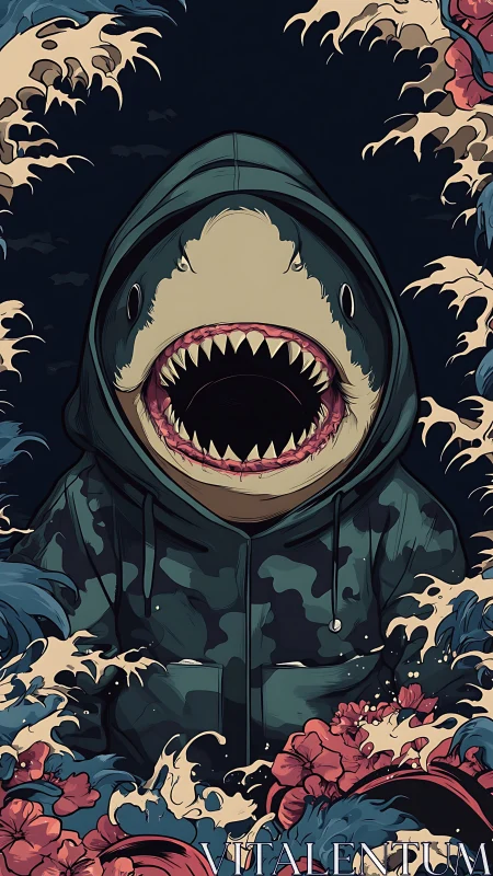 Hooded shark hybrid rises amid crashing stylized waves.