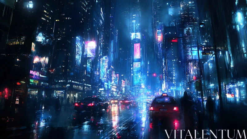 Neon drenched city streets glow softly in the midnight rain