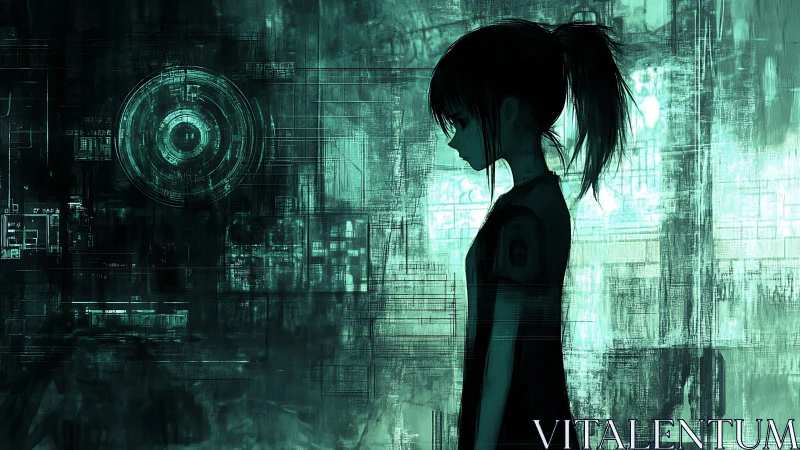 Silhouetted cyberpunk girl contemplates a luminous data core