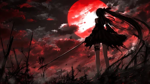 Silhouetted anime warrior stands before a blood-red eclipse sky