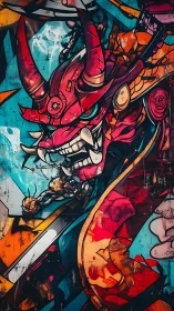 Vibrant cyber oni warrior swirling through neon chaos.