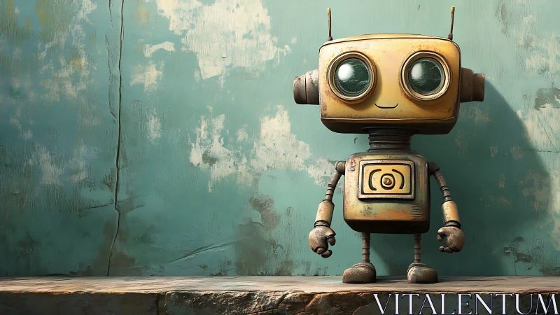 Cute retro robot smiles against distressed teal wall backdrop.