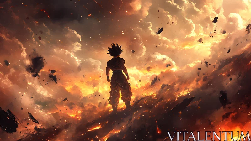 Fiery warrior gazes into swirling sky of smoke and light