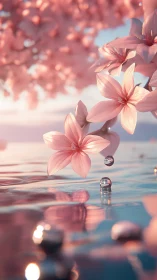 Soft pink blossoms hover over shimmering pastel water surface.