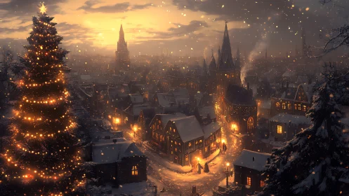Snowy medieval town at night with glowing Christmas tree.