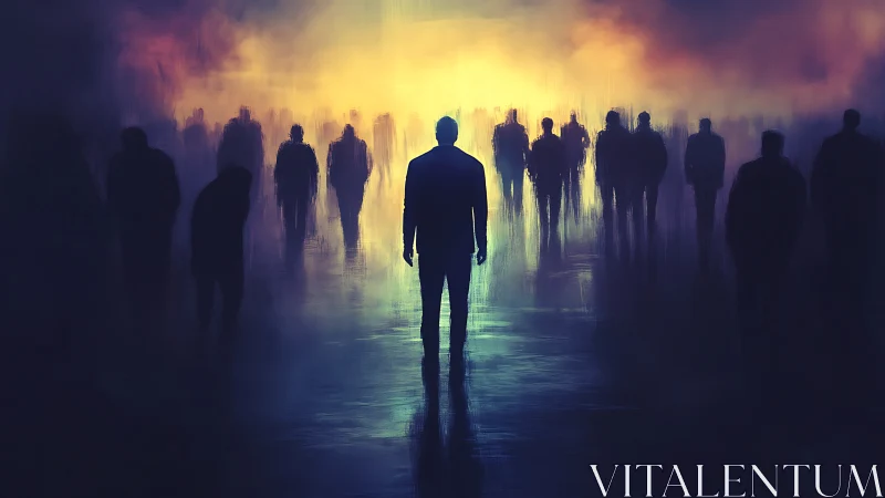 Solitary figure in neon mist among shadowed crowd silhouettes.