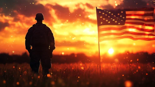 Silhouetted soldier observes American flag against radiant sunset