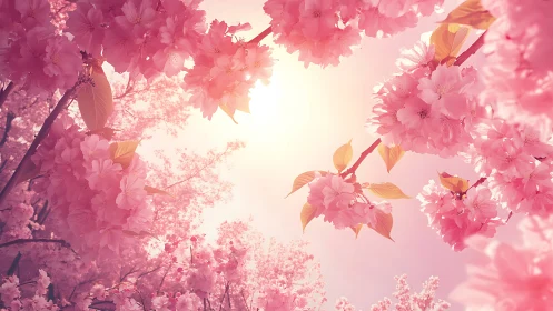 Backlit cherry blossoms encircle a luminous spring sun