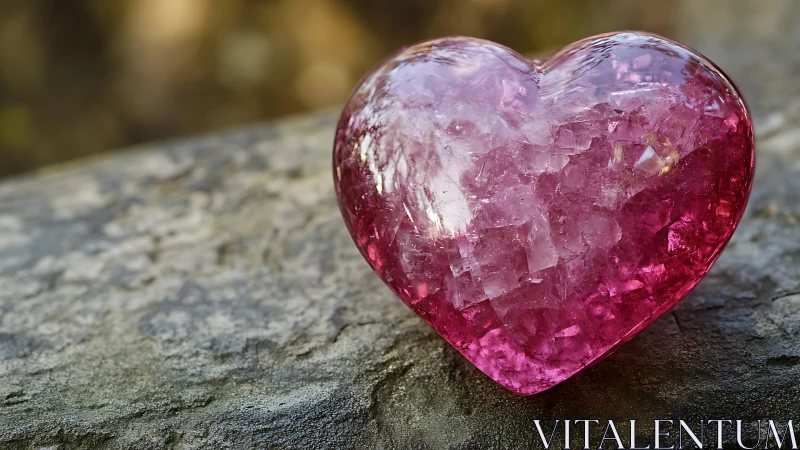 Crystalline pink heart-shaped gemstone rests on stone.