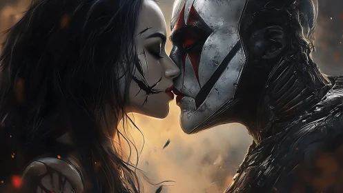 Dark fantasy woman kissing armored cyborg face-to-face.