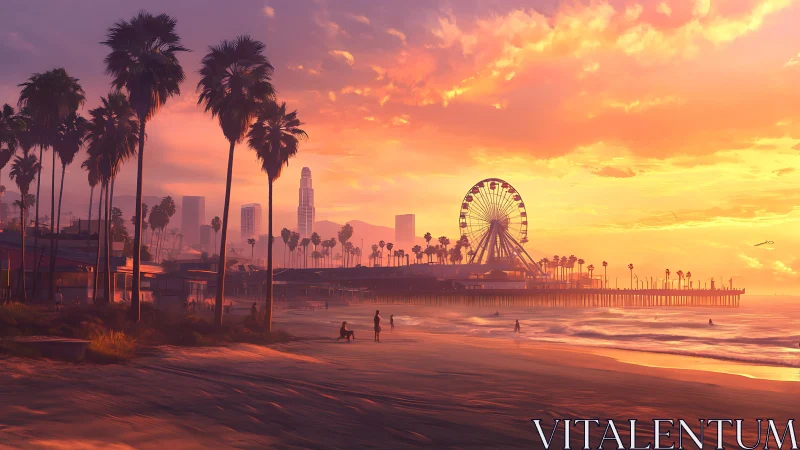 Sunset over coastal pier with ferris wheel and skyline.