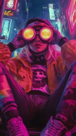 Cyberpunk figure with goggles in neon urban alleyway.