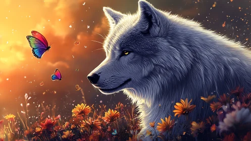 Twilight meadow wolf watching rainbow-winged whispers.