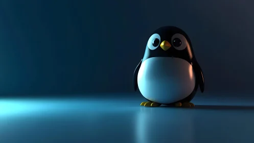 Cute 3D Cartoon Penguin in Minimalist Blue Lighting Scene.