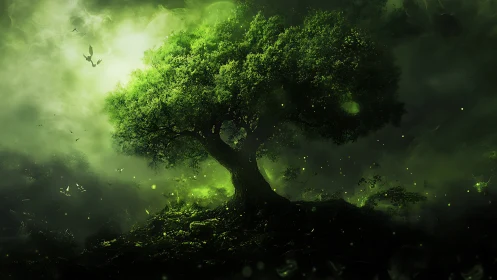 Solitary green tree in dense glowing misted landscape.
