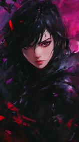 Digital painting portrait with crimson-eyed femme fatale focus.