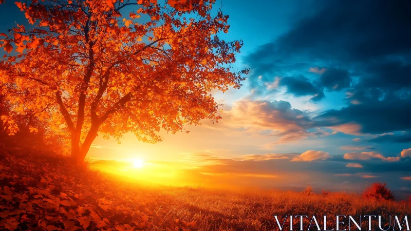 Fiery autumn tree overlooking vivid golden sunset horizon.