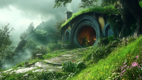Hillside dwelling with arched entrance in misty landscape.