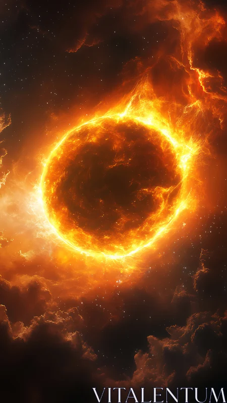 Fiery stellar sphere amid dense orange and black nebula clouds.