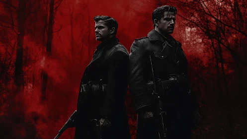 Two armed soldiers stand back to back in blood red forest