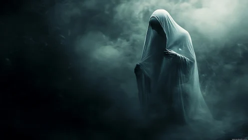 Shrouded ghostly figure standing alone in dense green fog.