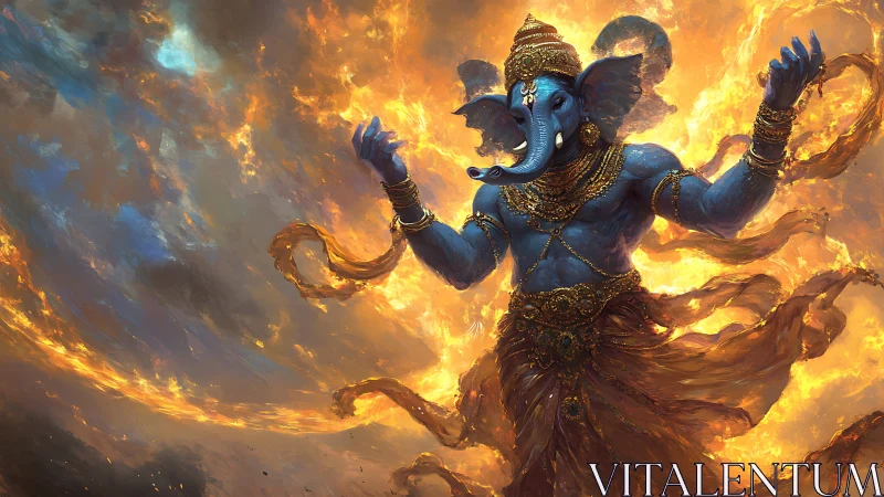 Radiant blue elephant deity dancing in swirling golden fire.
