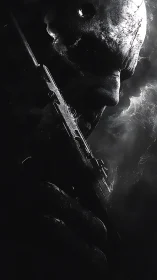 Monochrome side profile of armed figure in dense shadow.