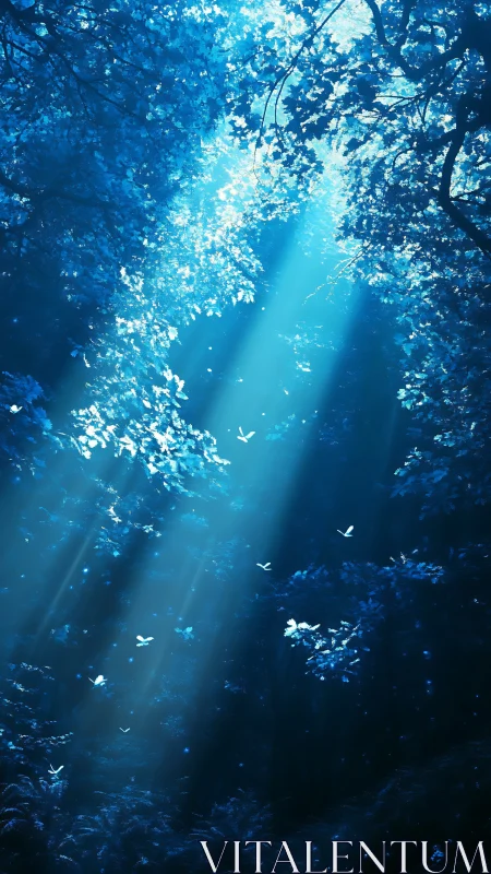 Blue-toned forest canopy with vertical light shafts.