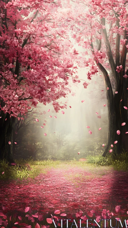 Cherry blossom pathway glowing with pink petals falling through misty forest