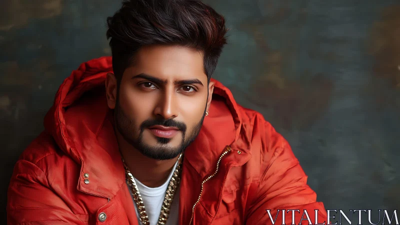 Crimson jacket swagger with smoldering studio gaze portrait.