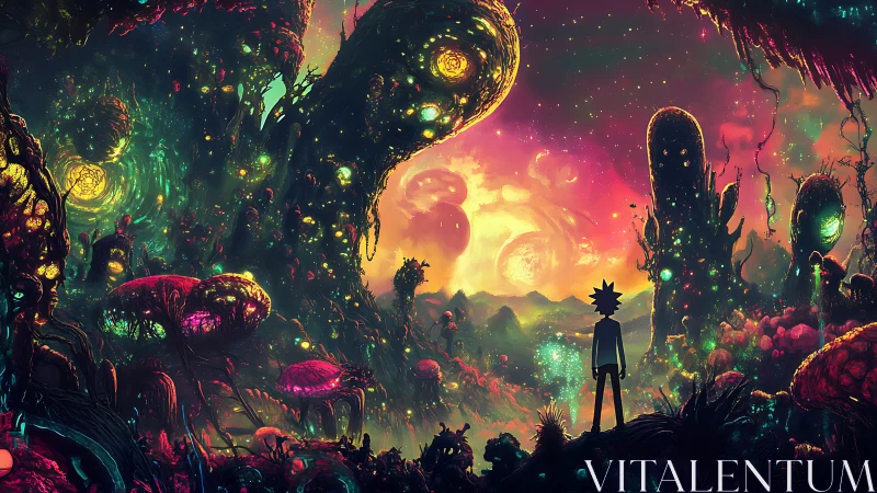 Silhouetted wanderer studies glowing alien valley sky