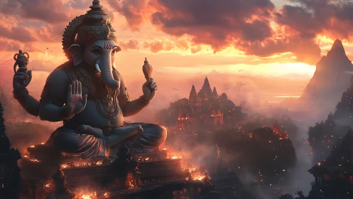Colossal Ganesha ignites a mythic city in embered dawn.