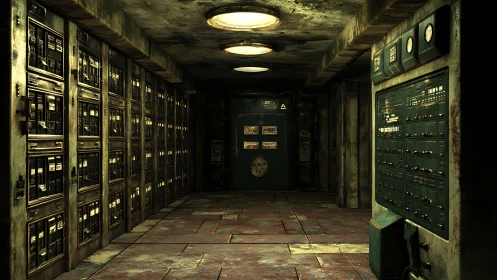 Narrow industrial control room shows aging electrical panels