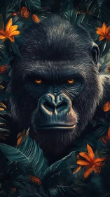 Gorilla gaze emerges from neon jungle foliage at dusk.
