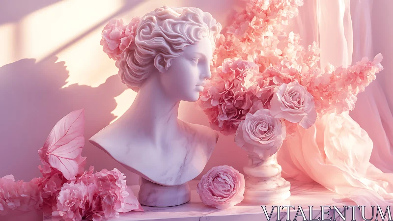 Marble bust with diffuse pink floral field and soft radiance.