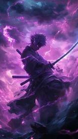 Stormlit swordsman channels violet lightning over void