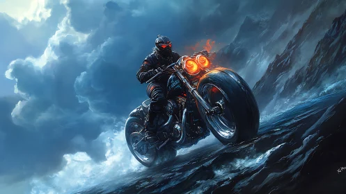 Motorcyclist on flame-lit bike in stormy mountainous terrain.