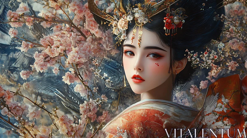 Blossom-crowned empress gazes through a storm of petals.