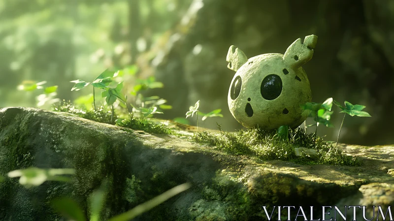 Stone forest creature rests on mossy sunlit rock ledge