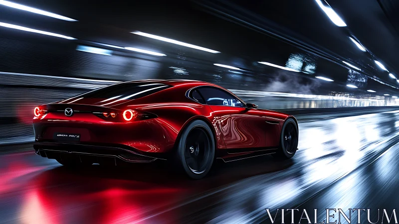 Red sports coupe accelerates through wet tunnel with dynamic blur