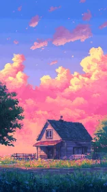 Pixel cottage under vivid pink sunset clouds.