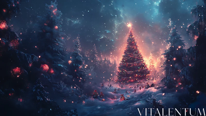 Illuminated winter tree stands centered in a snowy forest
