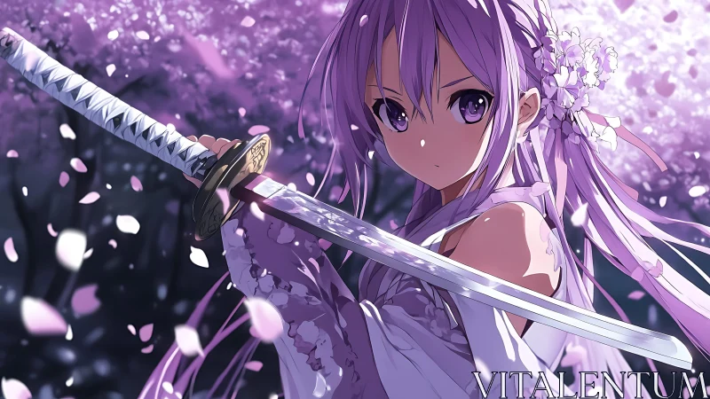 Purple haired anime swordswoman under falling blossoms.