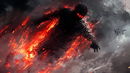 Flaming shadow figure emerges through volcanic storm clouds