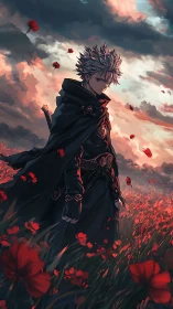 Cloaked swordsman walking through red poppy field.