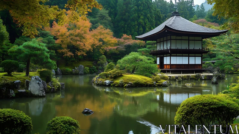 Traditional pavilion beside reflective garden pond in autumn.