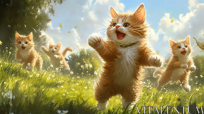 Joyful Ginger Kittens Leaping Through Golden Meadow.