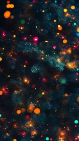 Christmas tree bokeh lights glow through deep evergreen branches.