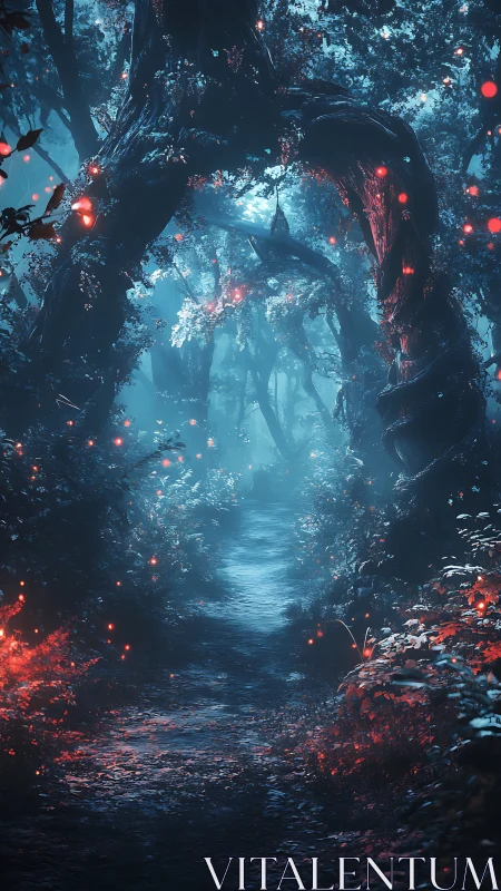 Enchanted Forest Pathway with Bioluminescent Illumination Through Ancient Trees