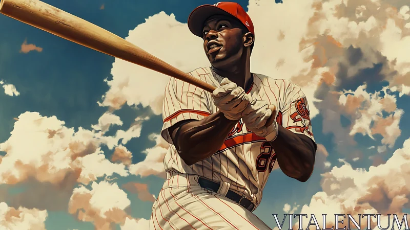 Dynamic baseball slugger poised mid-swing under vast skies.